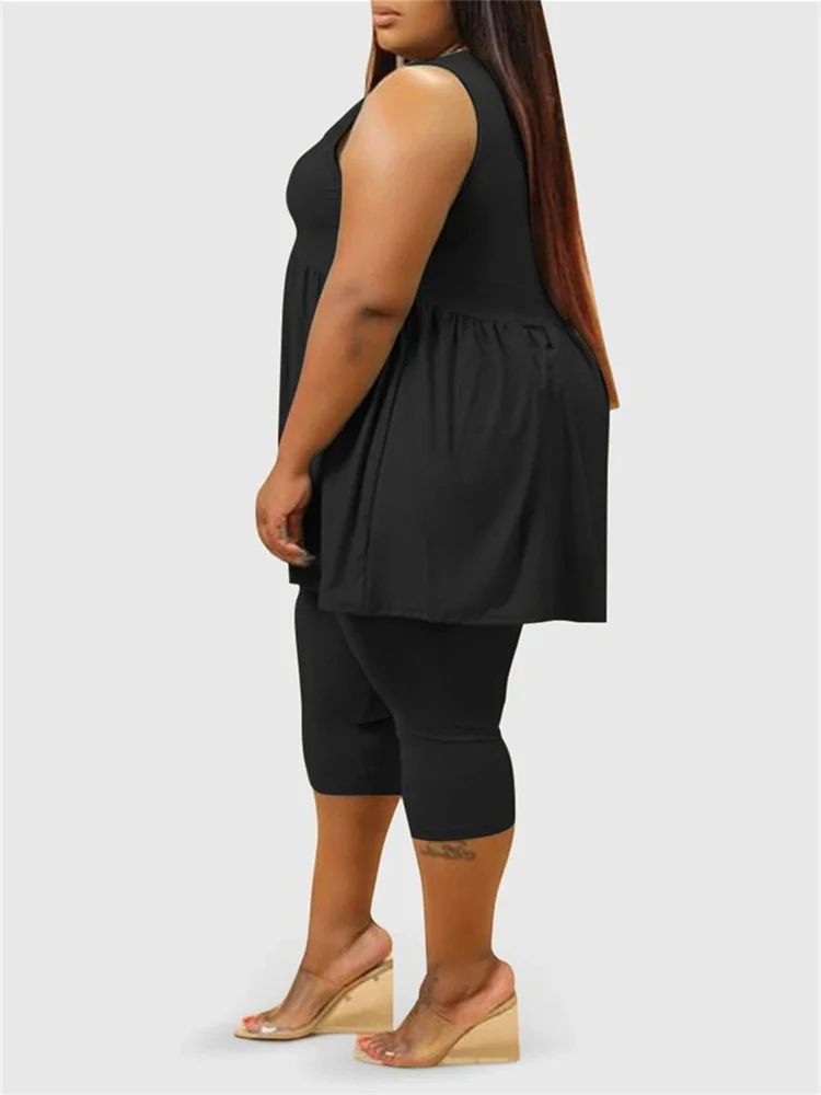 Plus Size Two Piece Women's Summer Clothing Sleeveless Draped Solid Casual Cute Loose Short Sets Whole 3xl 4xl 5xl 6xl