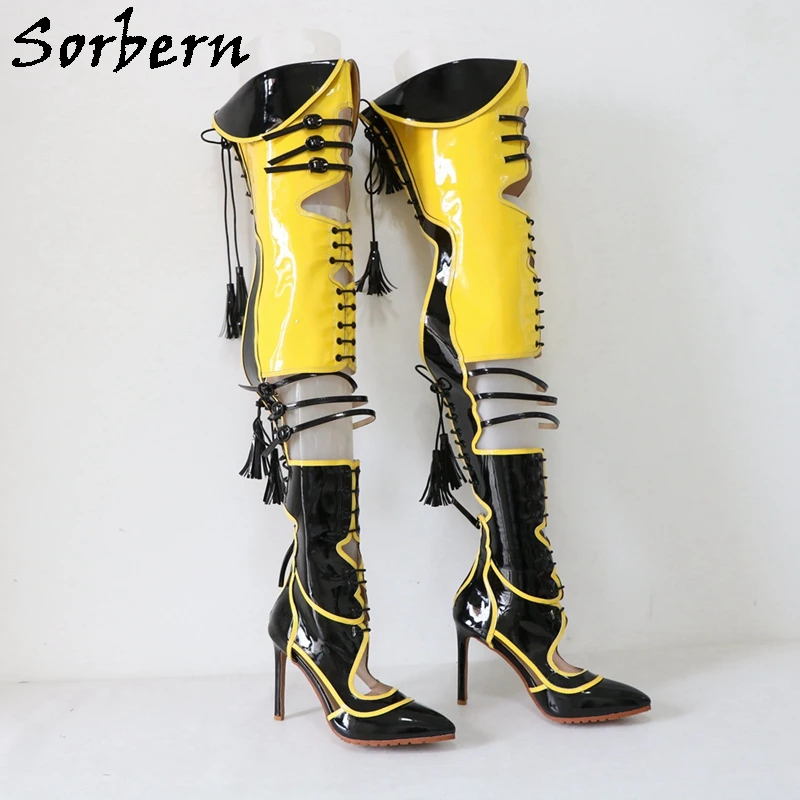Sorbern Sexy Yellow Black Boots Women Over The Knee Lace Up Back Contrast Colors Pointed Toe Stilettos High Heels Custom Legs