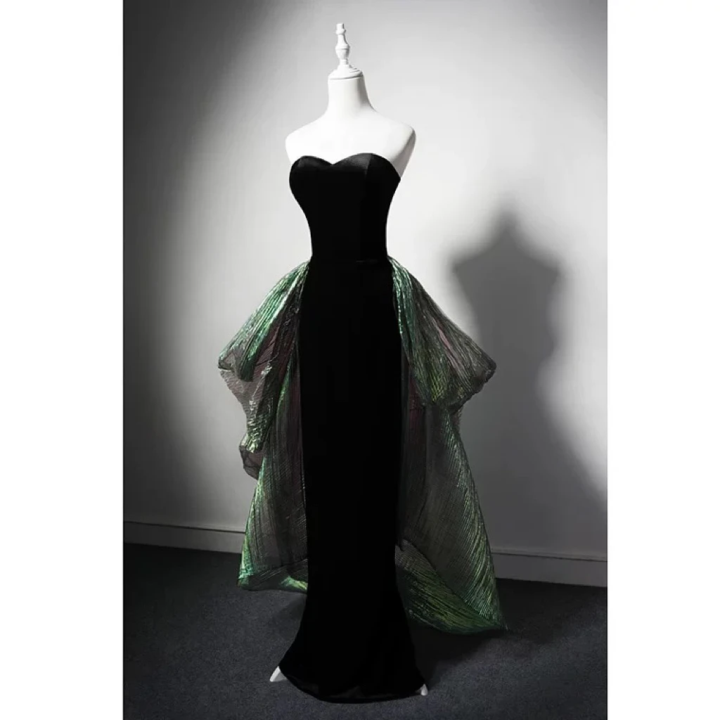 

Elegant Black Celebrity Dresses Velvet Green Tailing Strapless Mermaid Female Temperament Host Sexy Annual Meeting Evening Gowns