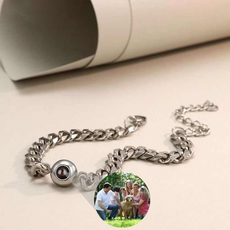 Custom Circle Pendant Projection Photo Bracelet With Couple Jewelry Memorial Gift For Him Personalized Cuban Chain Bracelet Men
