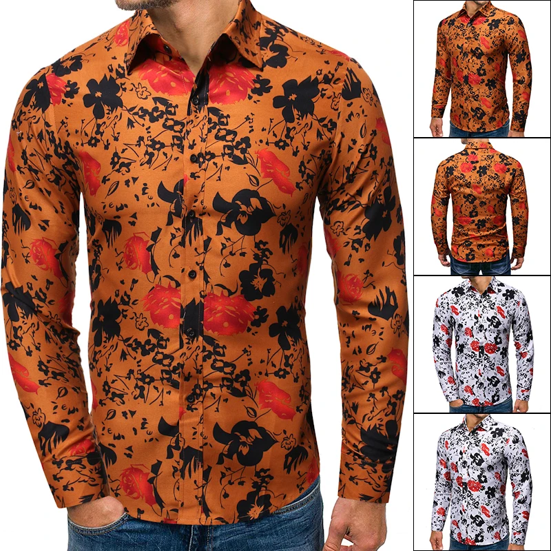 Spring summer new product solid color printing thin section men's long-sleeved red hawaiian shirt young casual White