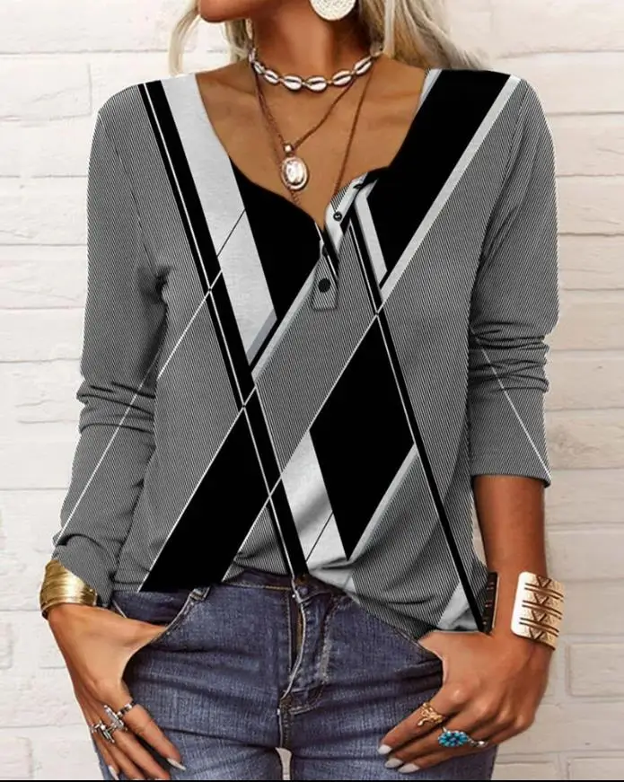

Women's Clothing New Casual Geometric Print Long Sleeve Top Sweetheart Neck Button Fashion Versatile Female Tees