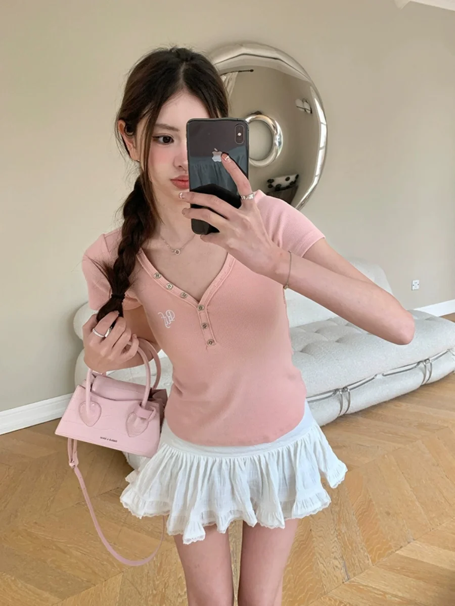 Pufouy American Sle Peach Heart Collar Tight T-shirt Slim fit Slimming Thin Bottoming Shirt Women Gyaru Versitile |