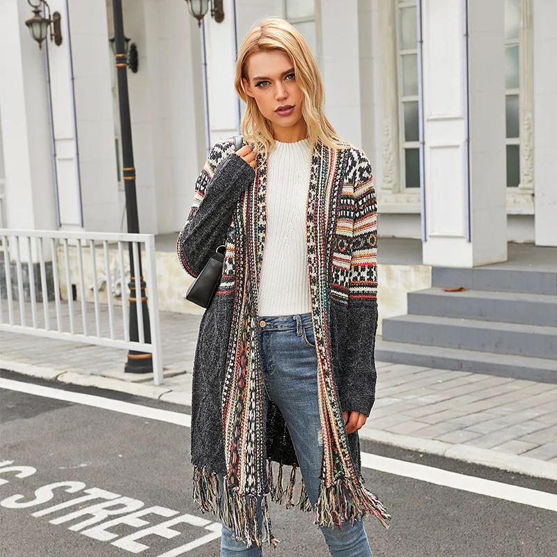 

Bohemian Ethnic Style Tassel Knitted Wool Women's New Autumn and Winter Mid-length Thick Cardigan Sweater