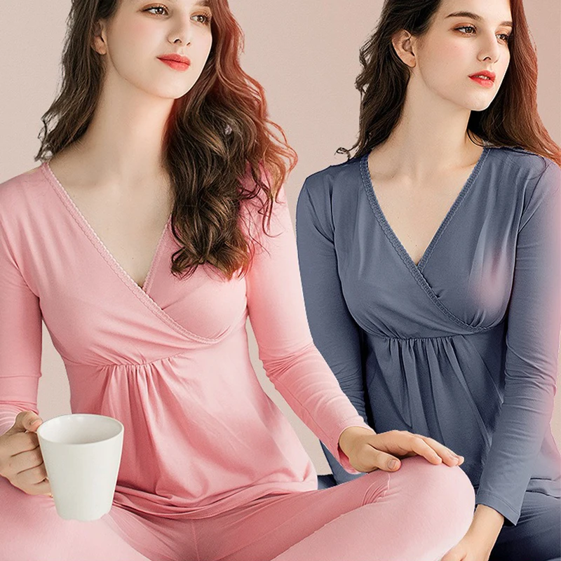 Modal Maternity Breastfeeding Pajamas Women Pregnancy Nursing Top and Pant Sleepwear Homewear Set Lactation Feeding Nightgown