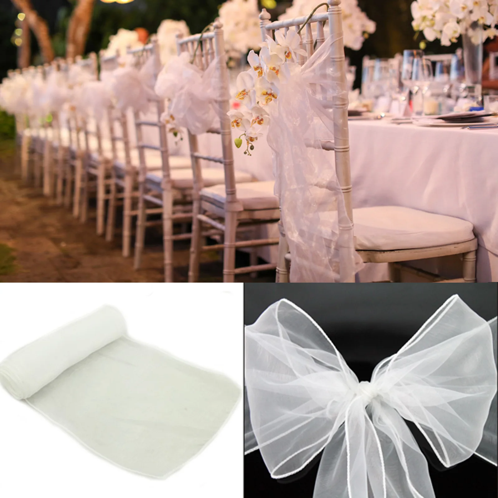

25pcs/lot Organza Ribbon Chair Sashes Wide Bow Chair Decoration Roman Wedding Party Engagement Banquet Chair Decor 18*275cm