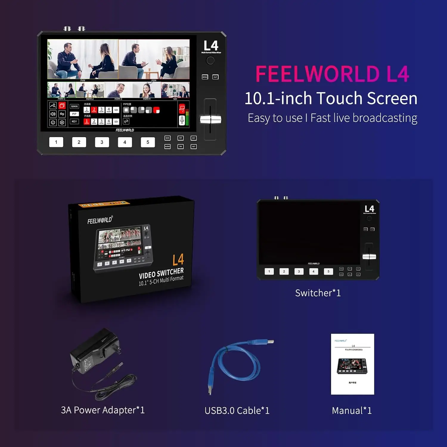 Фото Мультикамера FEELWORLD L4, Смеситель для видео, переключатель с 10,1 дюймовым HDMI мультикамерой, HD-видео потоковая SDI вещающая станция №3
