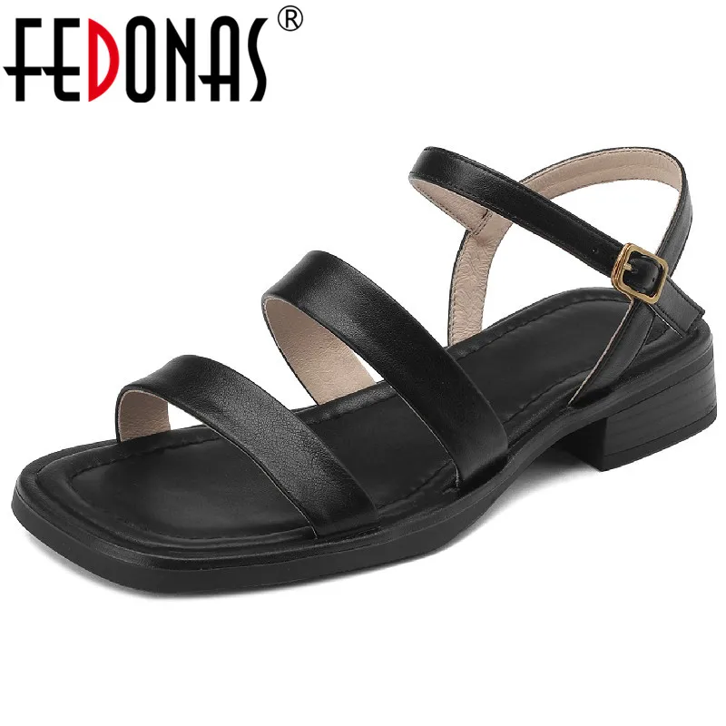 

FEDONAS Women Genuine Leather Sandals Concise Fashion Casual Working Low Heels Shoes Woman 2023 Summer Retro Style Leisure
