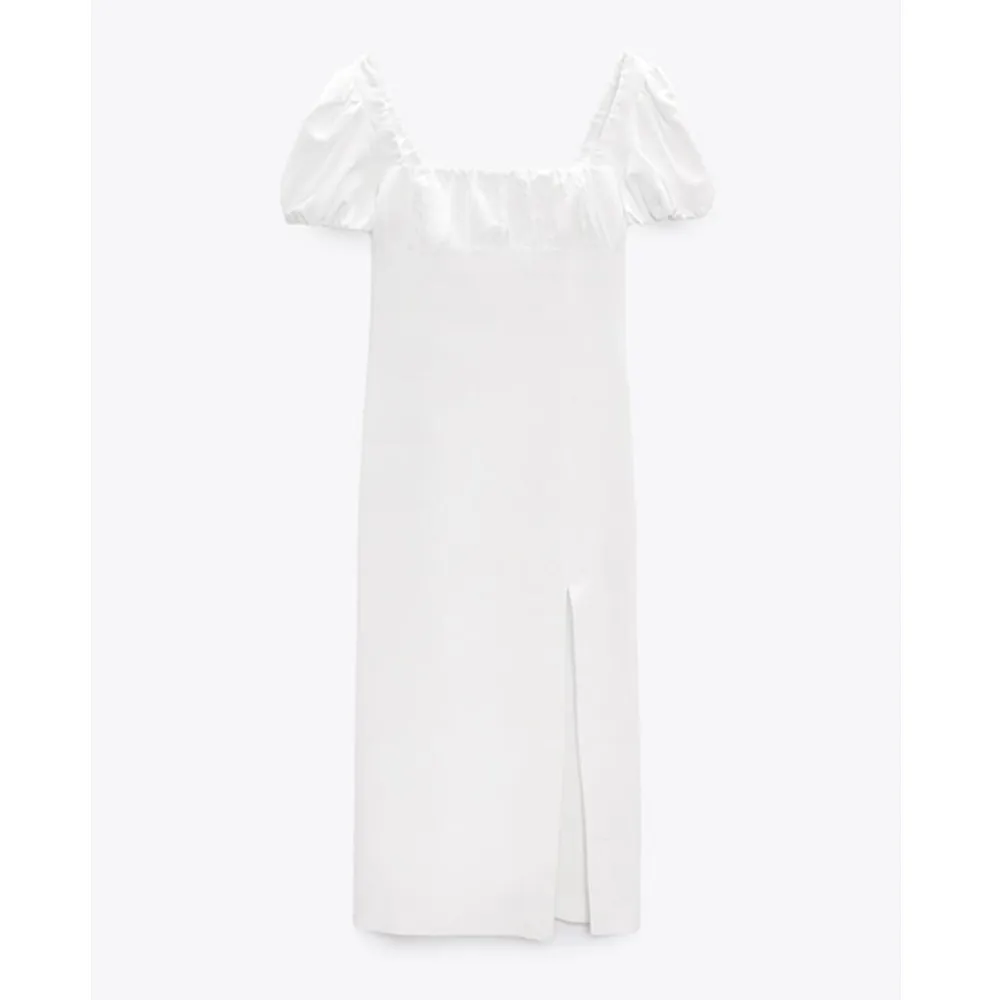 

PB&ZA summer new women's sweet and simple white square neck puff sleeves back hollow lace side slit linen dress 8388/325