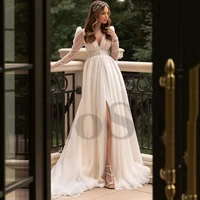 elegant wedding dress long sleeve buttons v neck pleat a line vintage sweetheart mopping gown vestido de novia for women