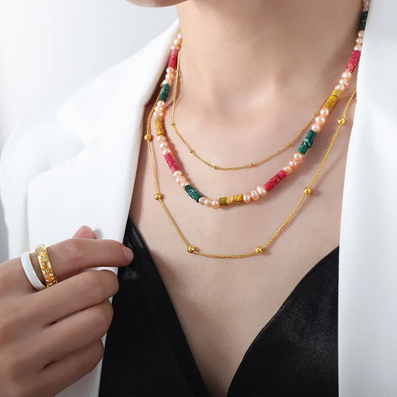 Ожерелье женское из жемчуга чокер нержавеющей стали с цветными бусинами в