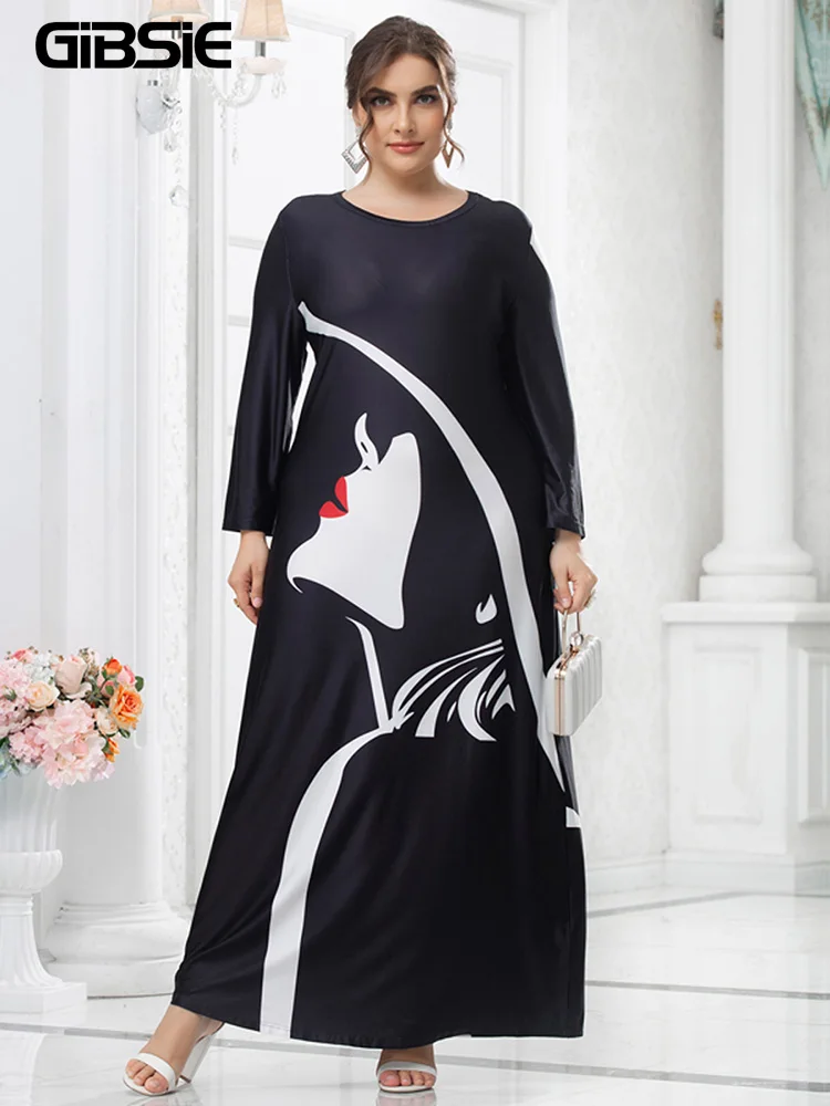

GIBSIE Plus Size Graphic Print O-Neck Elegant Dresses 2022 Women Spring Fall Casual Long Sleeve Maxi Dress 3XL 4XL 5XL Clothing