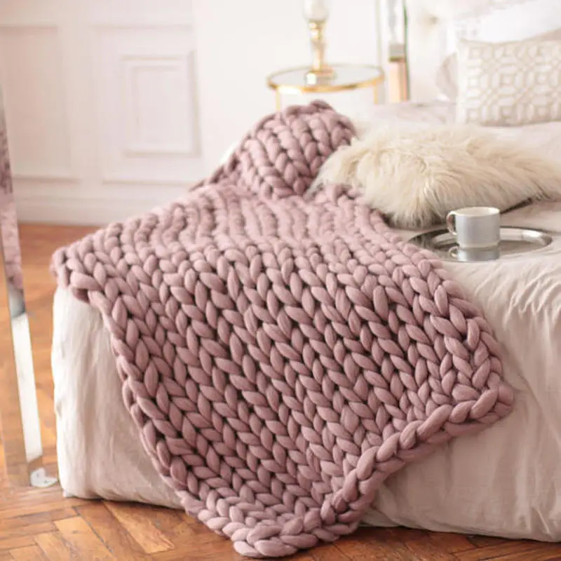 Manta gruesa de lana merina para tejer a mano, de lana gruesa cobertor, hilo grande, tejido, cálido, para sofá