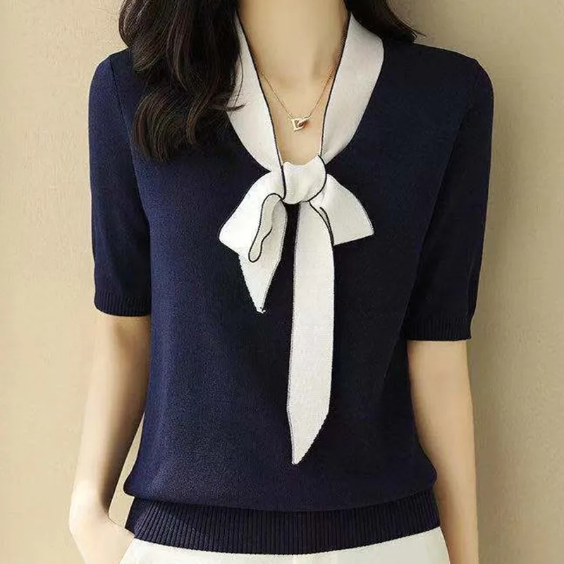 

90KG Body Large Size Bow Ice Silk Short Sleeve Shirt Women Loose Belly-covering Short Sleeve Women Summer Loose Top