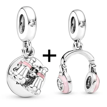 2Pcs/Lot 2022 Silver Color Shinning Star Earphone Heart Beads Fit Original Brand Charms Bracelet Women Men Jewelry Accessories 4