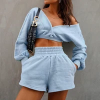 autumn new sports and leisure suit sexy slim cotton womens long sleeved top and loose high waisted mini shorts two piece suit
