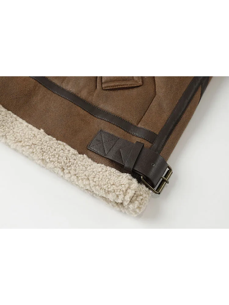 MOLAN Winter Woman  Leather Coat Warm Fashion Lambs Wool Patchwork Loose Long Sleeve Locomotive Coat Zipper Female Chic Outwear