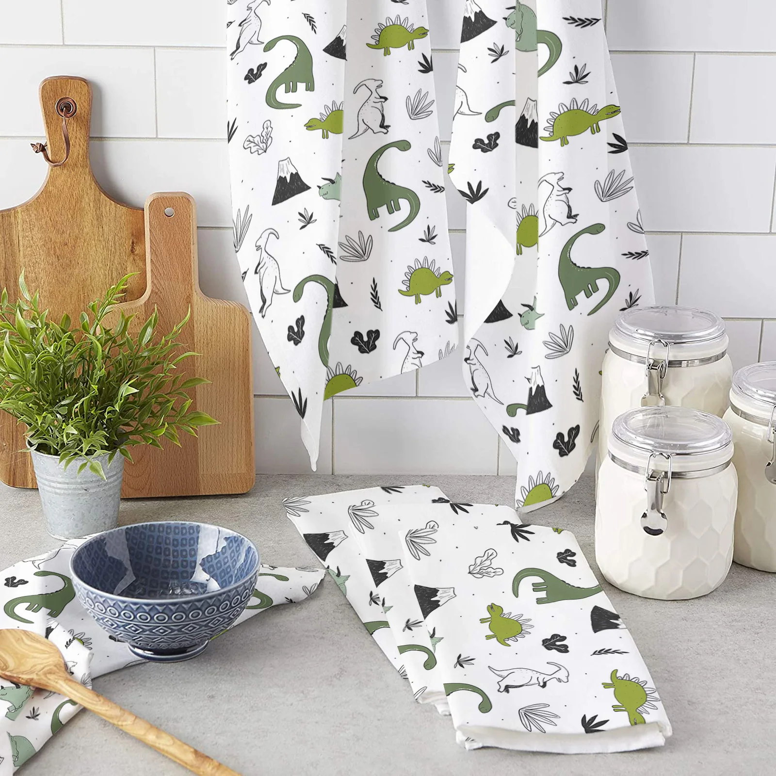 

Animal Green Dinosaur Plant Microfiber Kitchen Hand Towel Dish Cloth Tableware Household Cleaning Towel Utensils for Kitchen