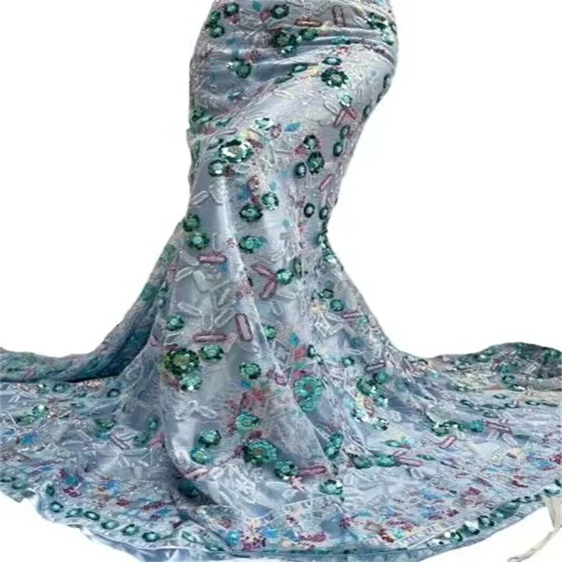 

Африканская кружевная ткань с блестками 2023 синий 5 ярдов Высокое качество французская нигерийская кружевная ткань для жениха для шитья платья свадебной вечеринки