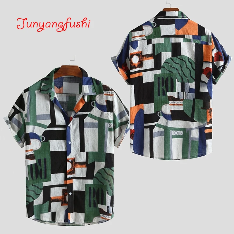 New Trend Men's Polo Top Print Button Short Sleeve Casual Loose Hawaiian Shirt Vintage Summer Large T-shirt Shipped From Stock