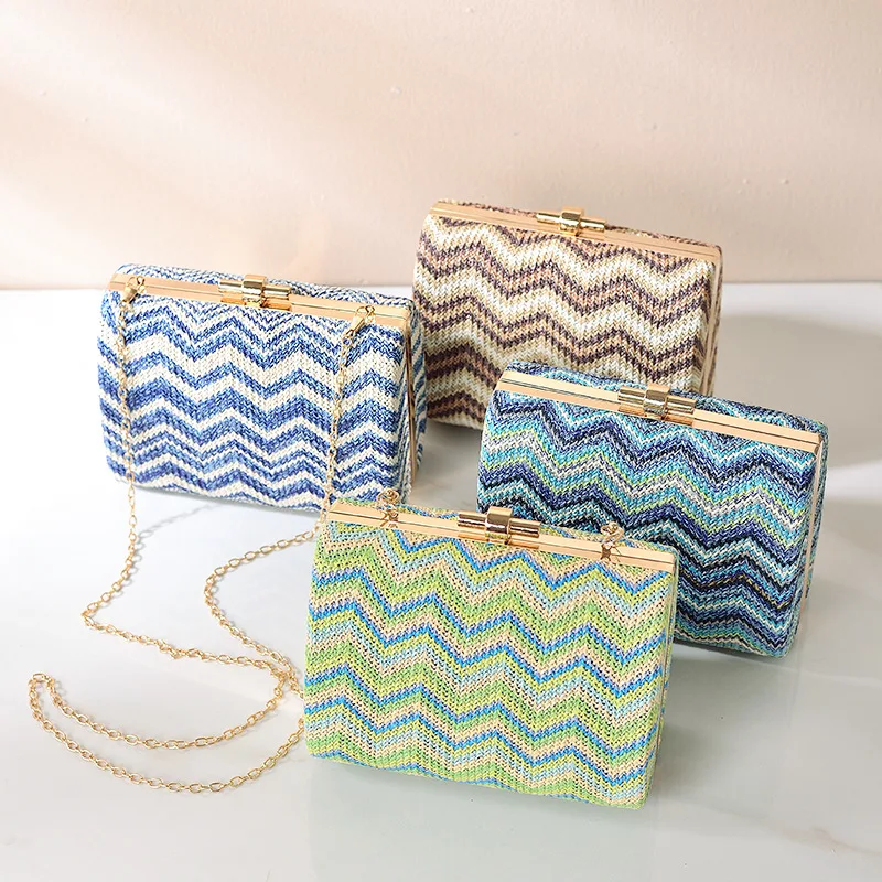 

Summer Straw Women's Shoulder Chain Bag Party Evening Bag Pattern Corrugated Clutch Square Bag Hand-Held Party Evening Bag