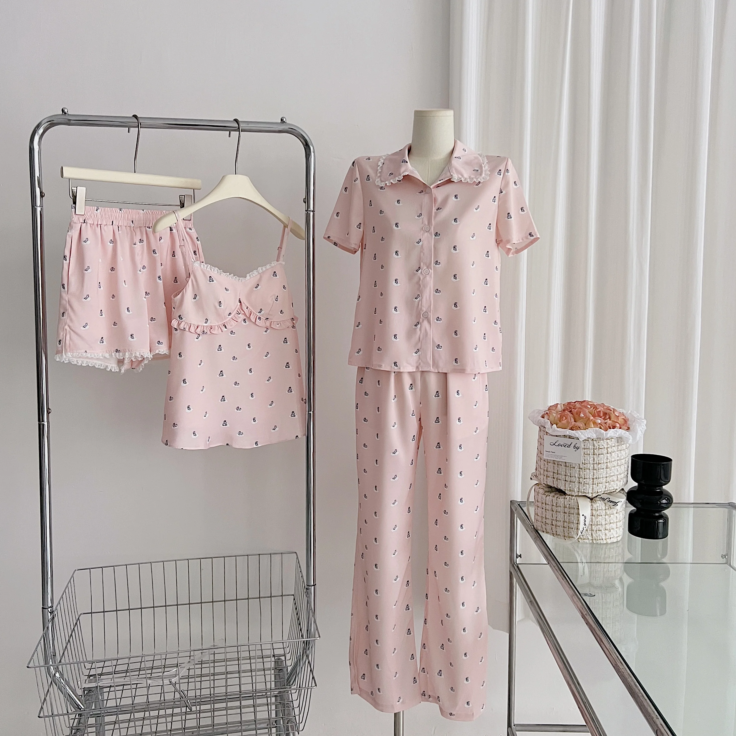 Spicy Halo Lala Rabbit Garden Par 2.0/Wall Satin Champagne Milk Powder Sling Pajamas Set for Your Home