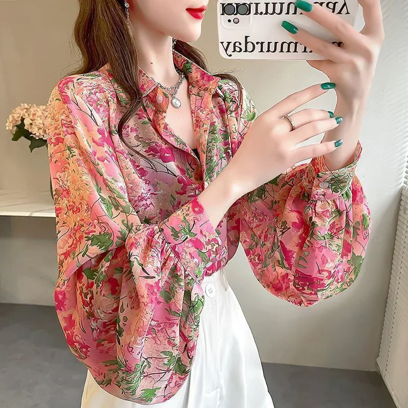 Модная свободная шифоновая рубашка с рукавами-фонариками и принтом женская