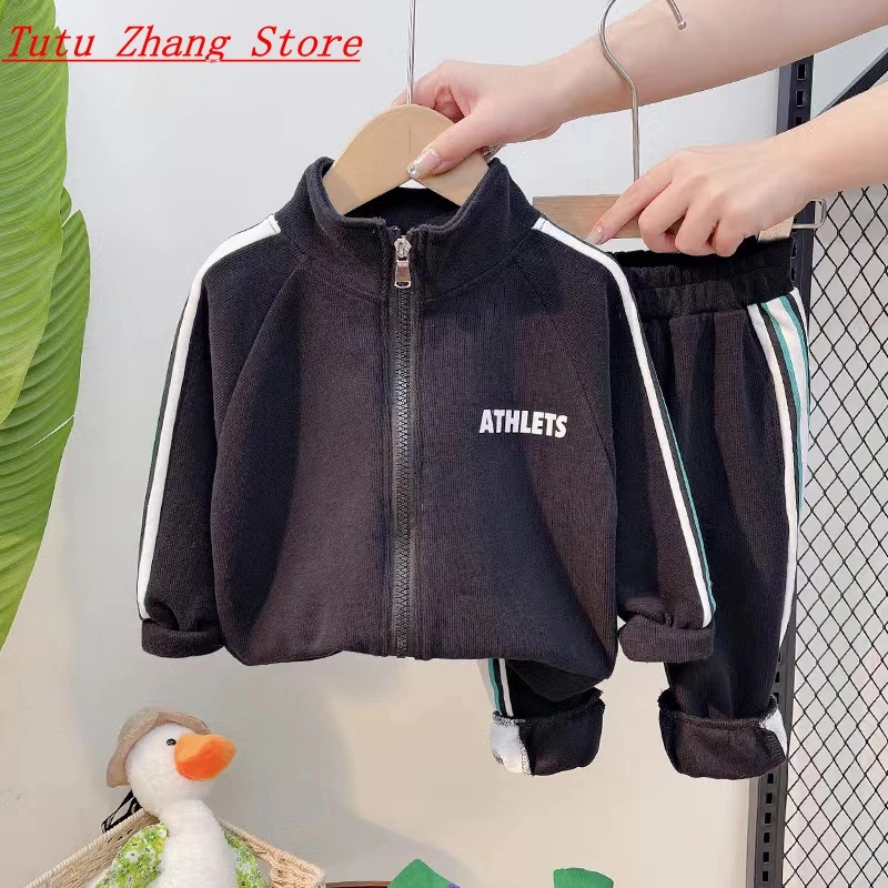 

Корейский детский дизайн, пальто в полоску на молнии + спортивные брюки, весна-осень, повседневная одежда для маленьких мальчиков и девочек, ...