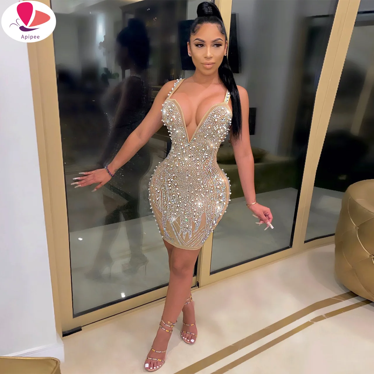 

Sparkle Sleeveless Sequins Pearl Crystal Party Dress Glitter Spagetti Straps Bodycon Celebrities Outfits Female Robes