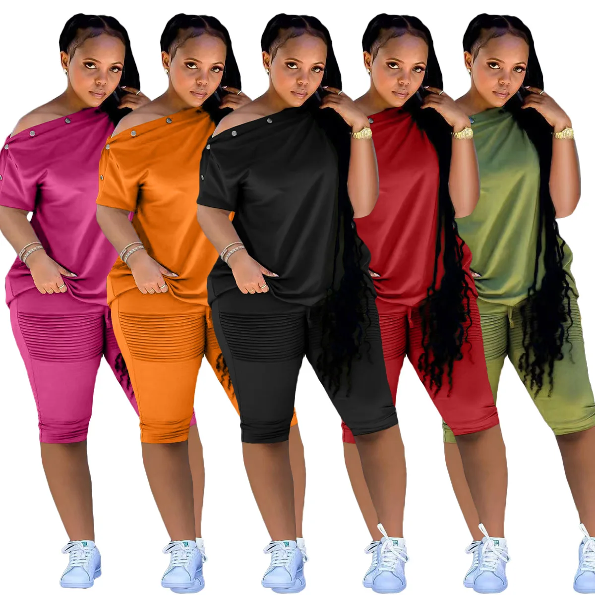 Casaul Women Biker Two Piece Set Shirt + Pants Solid Color Tracksuit Sportsuit Clothes For Women Vestidos