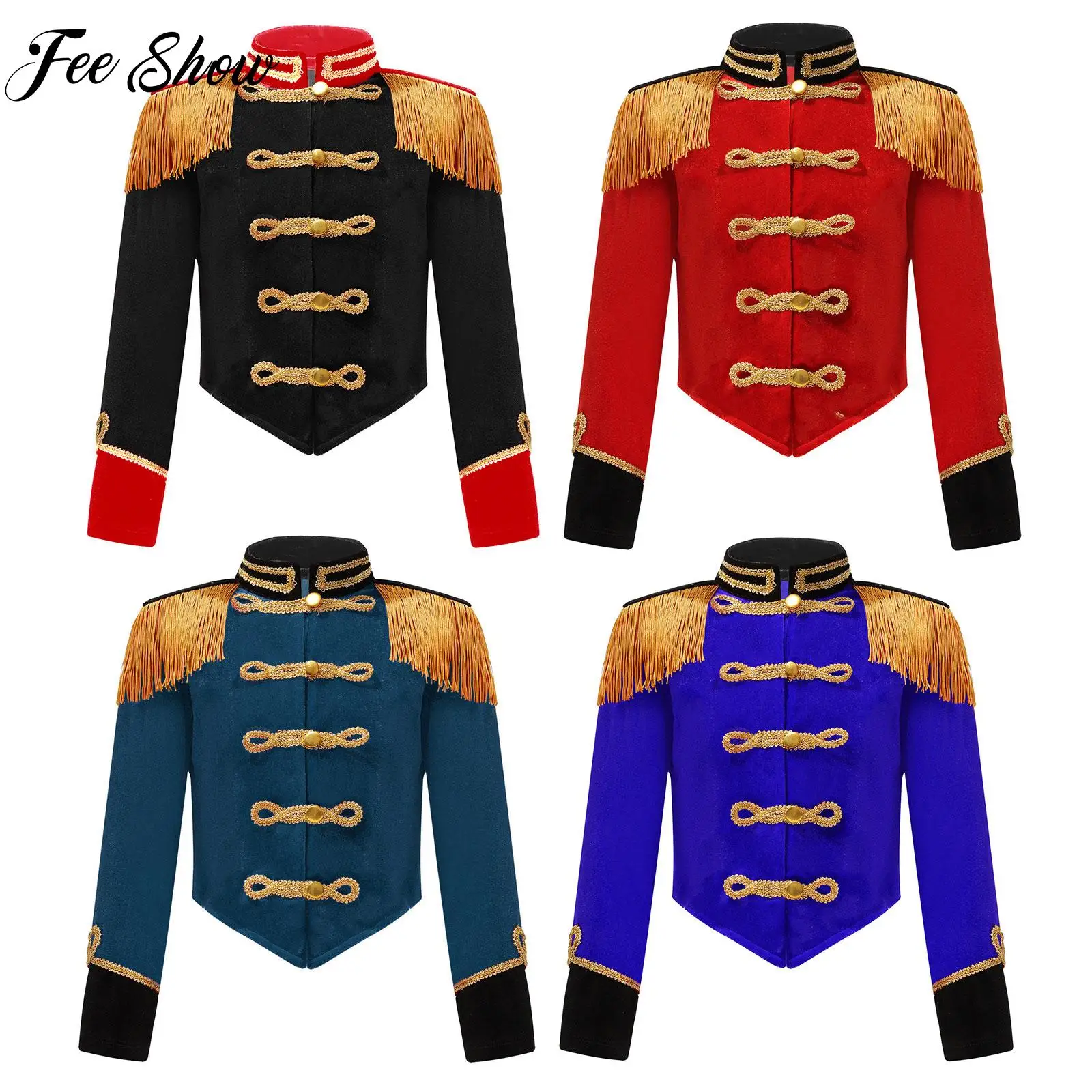 

Circus Ringmaster Costume Stand Collar Fringe Tassel Epaulet Jacket Ringleader Drummer Kids Girls Cosplay Performance Costume