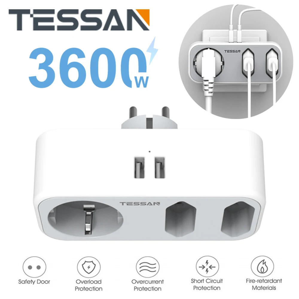 

TESSAN EU Plug Multi Wall Socket with 2 Schuko Plugs 1 EU Plug & 2 USB Ports 5V 2.4A Adapter Overload Protection for Home/Office