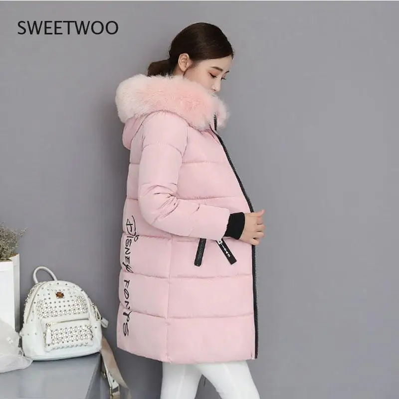 Large Size Parkas Letter Women Cotton Coat 2021 New Winter Casual Vintage Hooded Fur Collar Warm Women Cotton Jacket Contracted