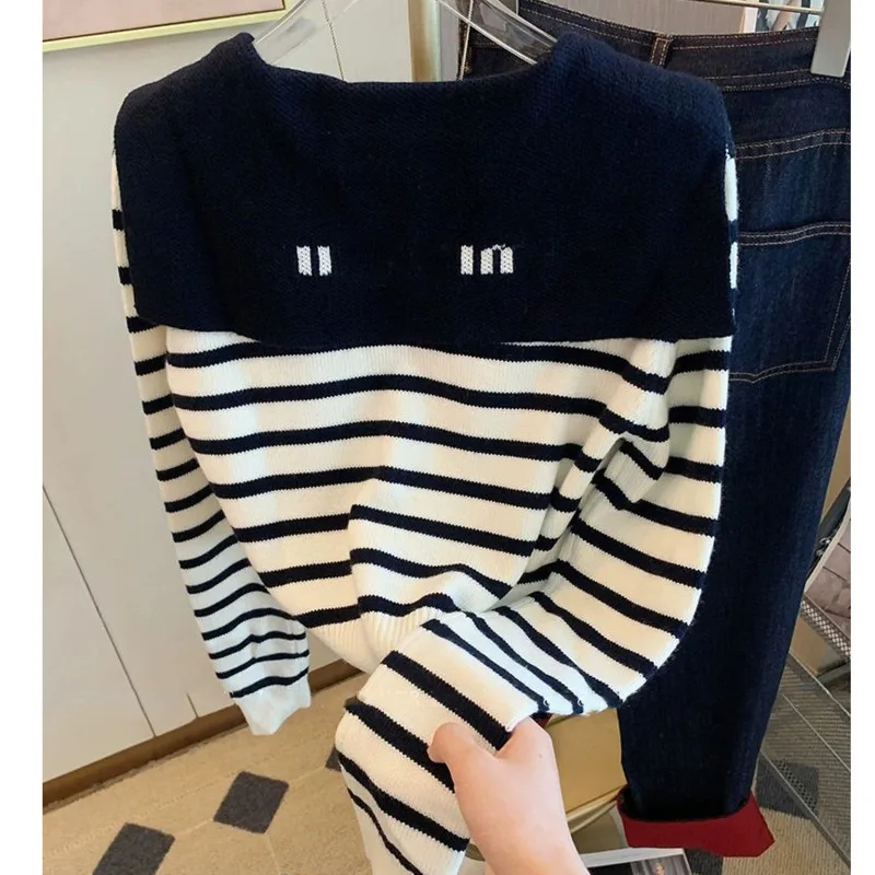 

Academy style navy collar striped knitted cardigan for women early autumn new slim versatile foreign style sweater short jacket