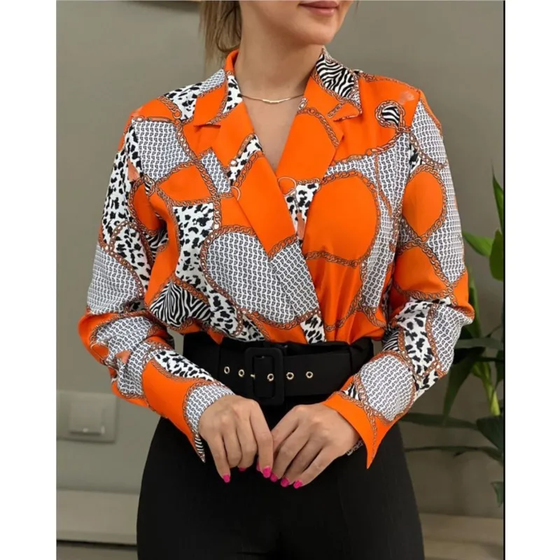 

Fashion Spring Autumn New Office Ladies Blouses Solid Casual V-Neck Long Sleeve Printing Elegant Slim Female Pullover Shirts