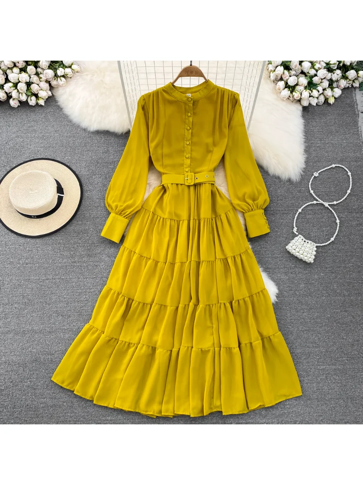 

Vintage Long Sleeve Slim Ruffles Dress Elegant Large Hem Dress Women Vestidos De Fiesta