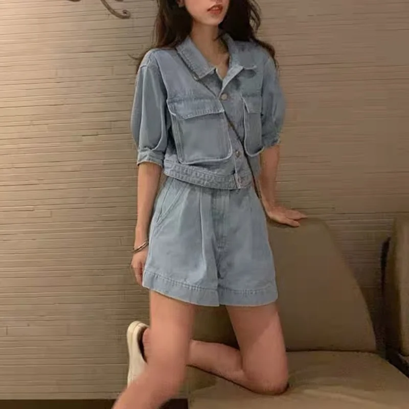 Women Two-piece Suit Set 2023 Spring New Style Street Fashion Denim Double Pocket Jacket Coat and Jeans Sweet Streetwear Shorts