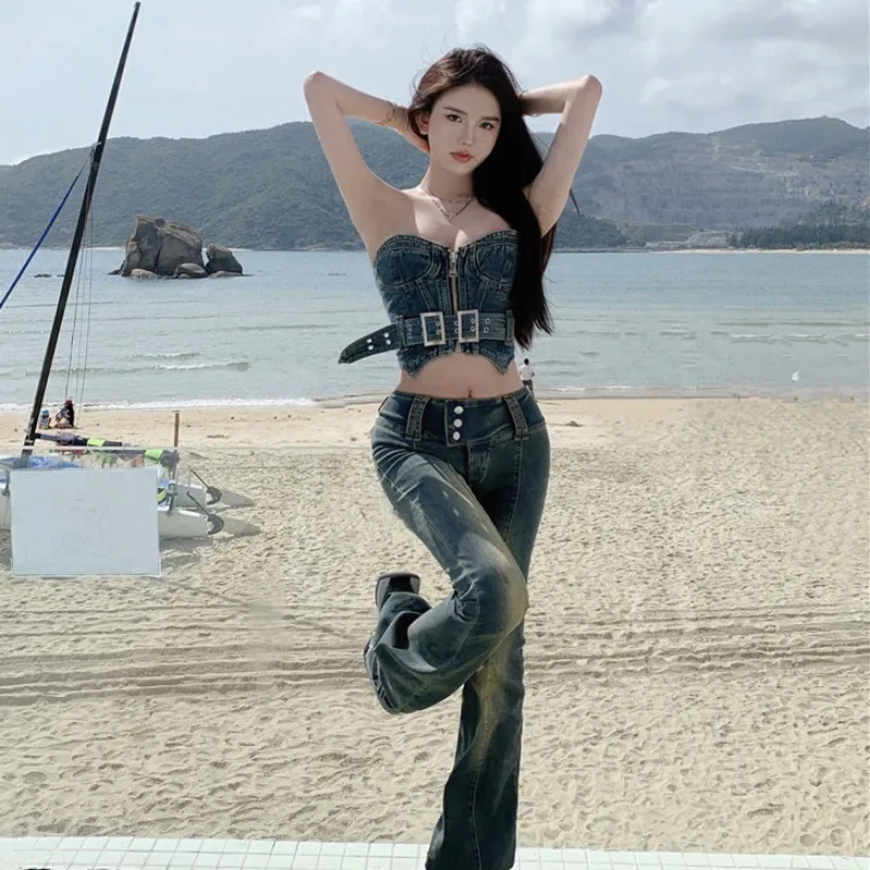 

2022 Женский Летний стиль корейский джинсовый топ в стиле Ins очень горячие тяжелые Промышленные брюки женские костюм из двух частей/комплекты