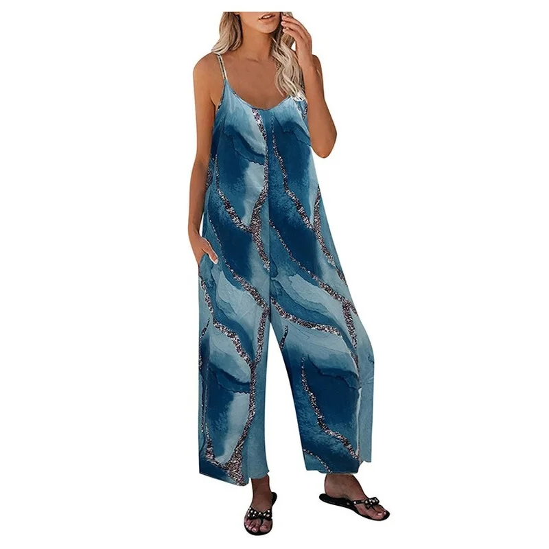 2021 Summer New Printed Sling Pocket Casual Wide-leg Jumpsuit Women Tie Dye Loose Bright Silk Sleeveless Romper One Piece Outfit