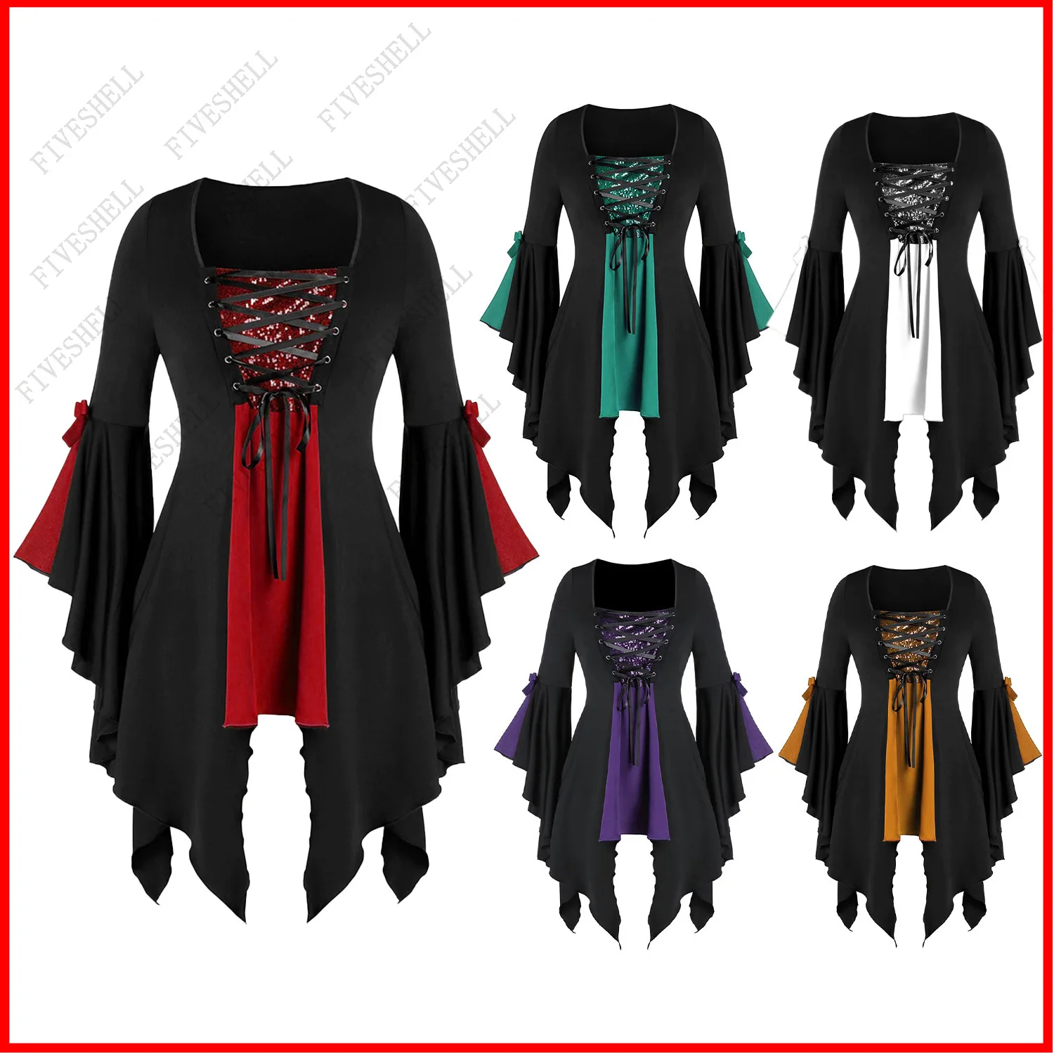 

Halloween Witch Costume Medieval Steampunk Womens Off Shoulder T-shirt Bandage Vest Stage Viking Pirate Cosplay Costumes S-5XL