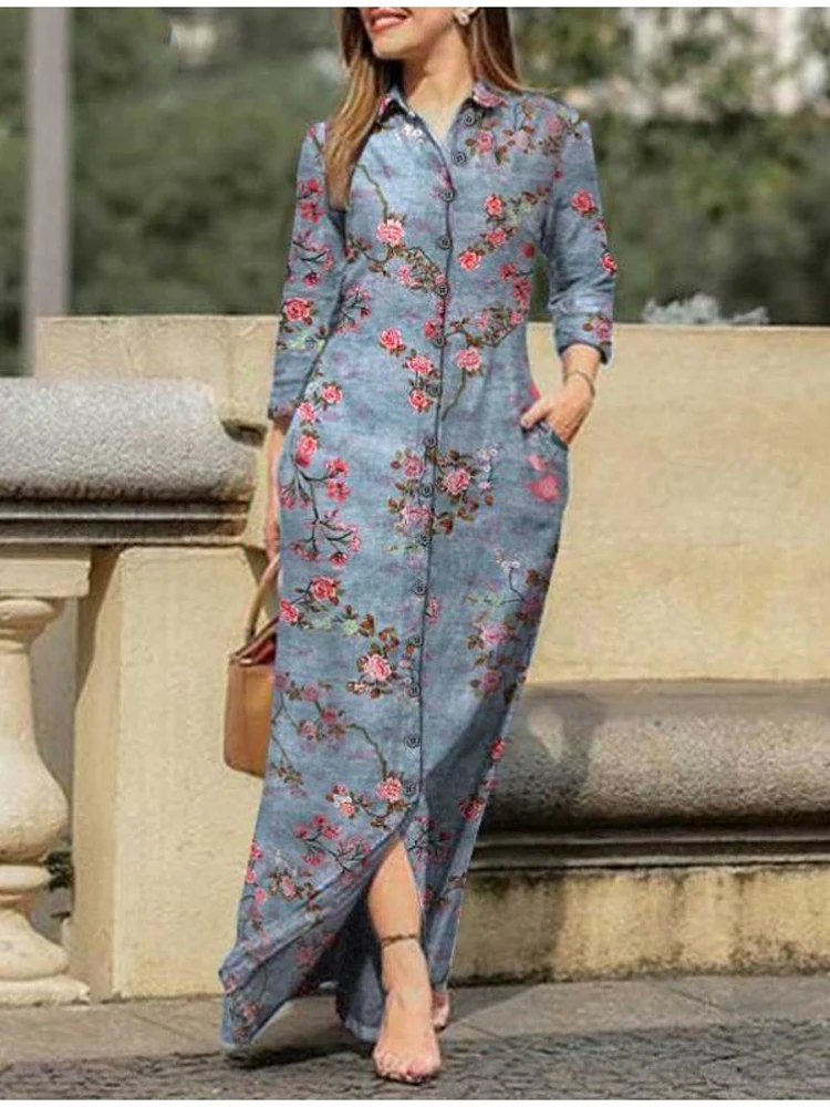 

Платье-макси с длинным рукавом и цветочным принтом, на пуговицах