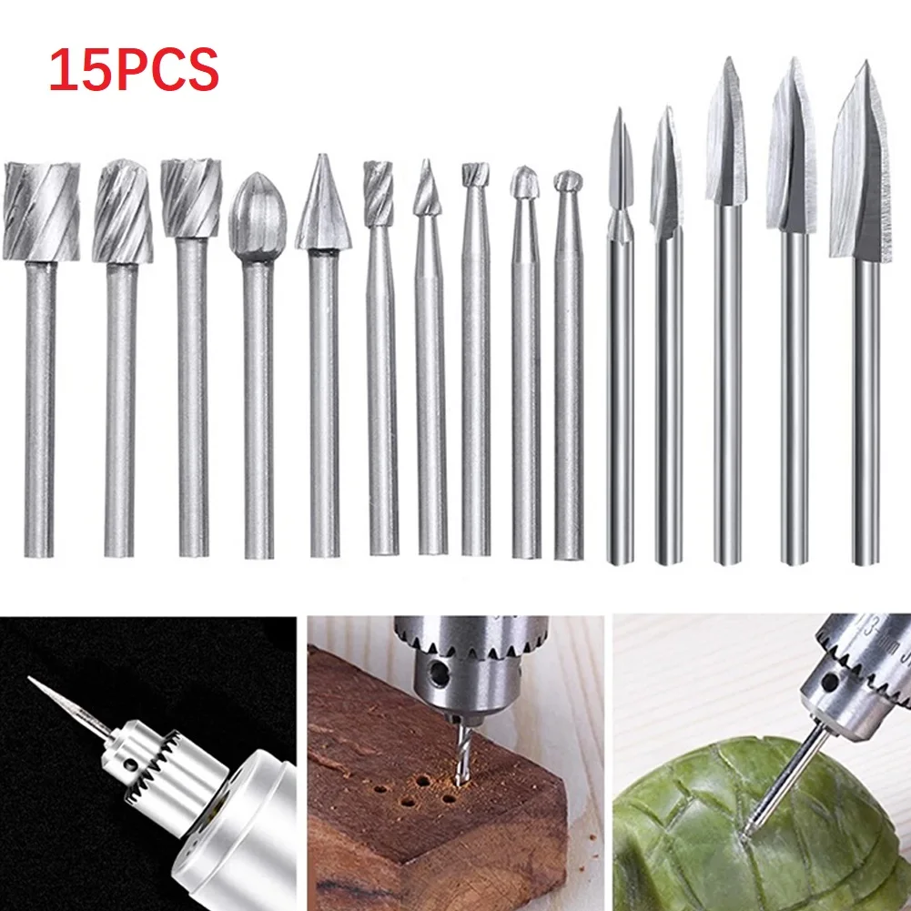 

15pcs Wood Carving Drill Bit Set 1/8 Shank HSS For Drilling Carving Engraving Bit Rotary Tool Accessories Woodworking Tool