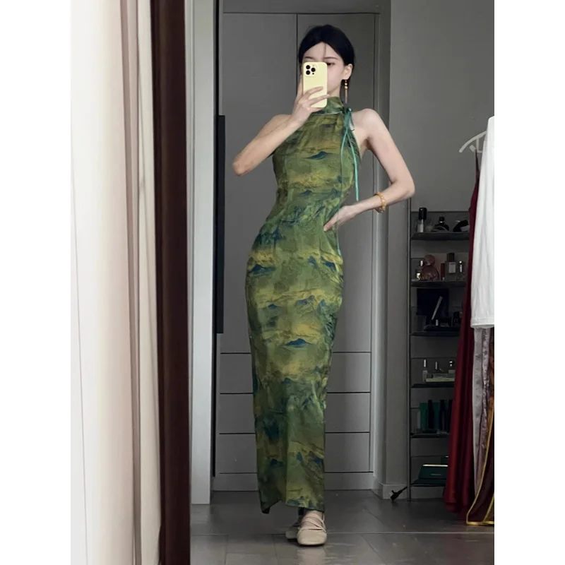 

Summer High Quality Elegant Green Landscape Printing Sleeveless Slim Cheongsam Dress Women Chinese Style Retro Evening Dresses