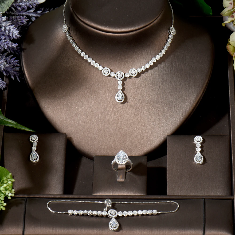 

Fashion Classic Water Drop Pendientes Necklace Adjustable Box Chain Bracelets Jewelry Sets 4PCS Full Cubic Zirocnia N-1561