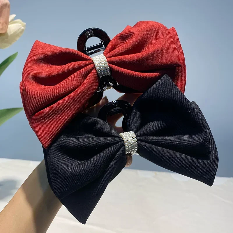 

New Double Layer Fabric Bounce Bow Shark Clip Elegant Simple Versatile Hair Claw withe Pearl For Women Girls Hair Accessories