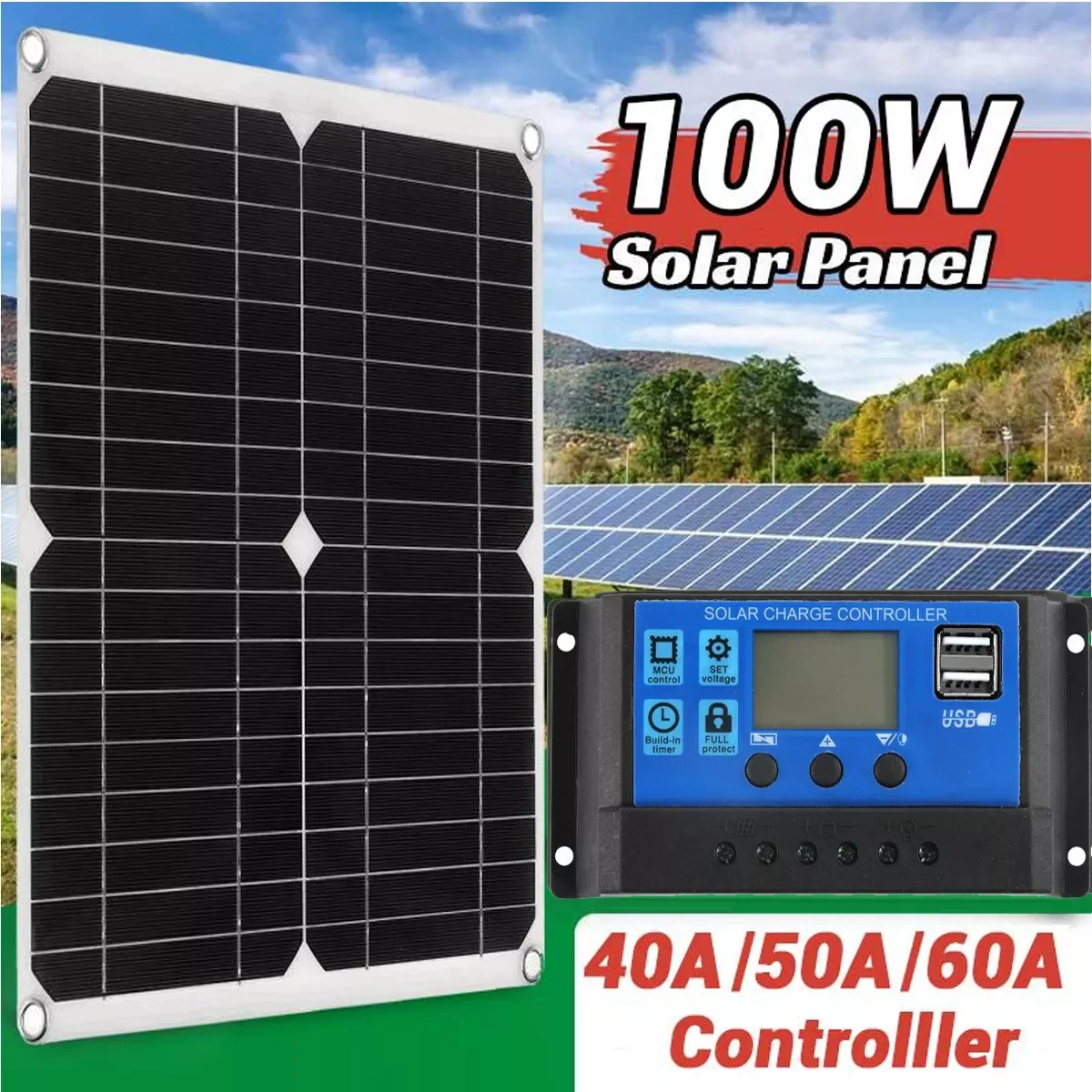 

100W Solar Panel Dual USB With Controller 12V Portable Power Bank Solar Charger for Smartphone Charger Camping Car Boat RV