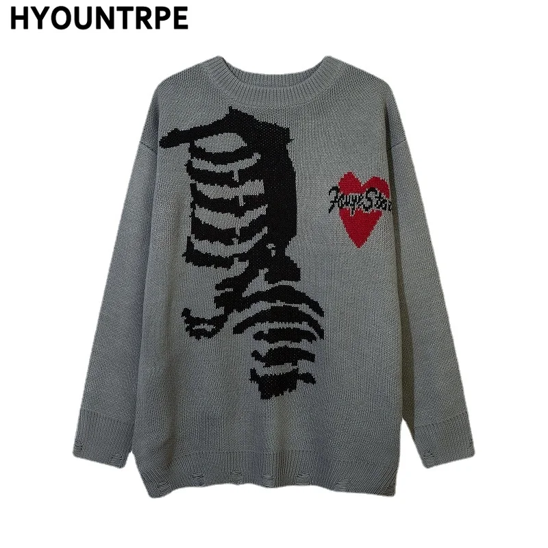 Hip Hop Skull Knitted Oversized Sweater Mens Autumn Winter O-neck Long Sleeve Pullover Streetwear Casual Loose Sweaters Clothing