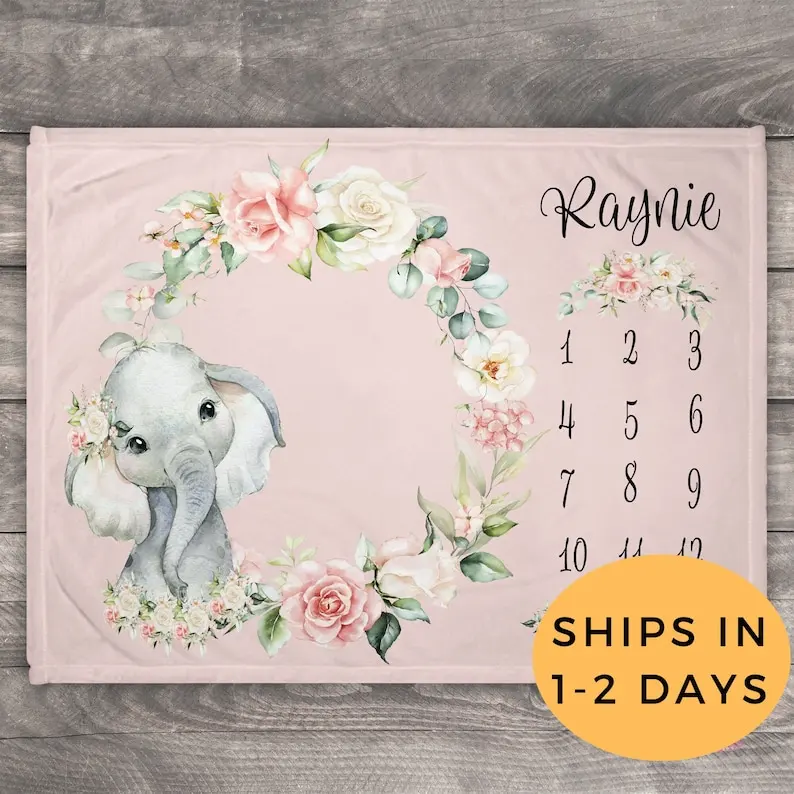 

Elephant Blanket, Milestone Blanket, Custom Photo Blanket, Watercolor Floral Baby Blanket, Personalized Photo Blanket, Best Baby