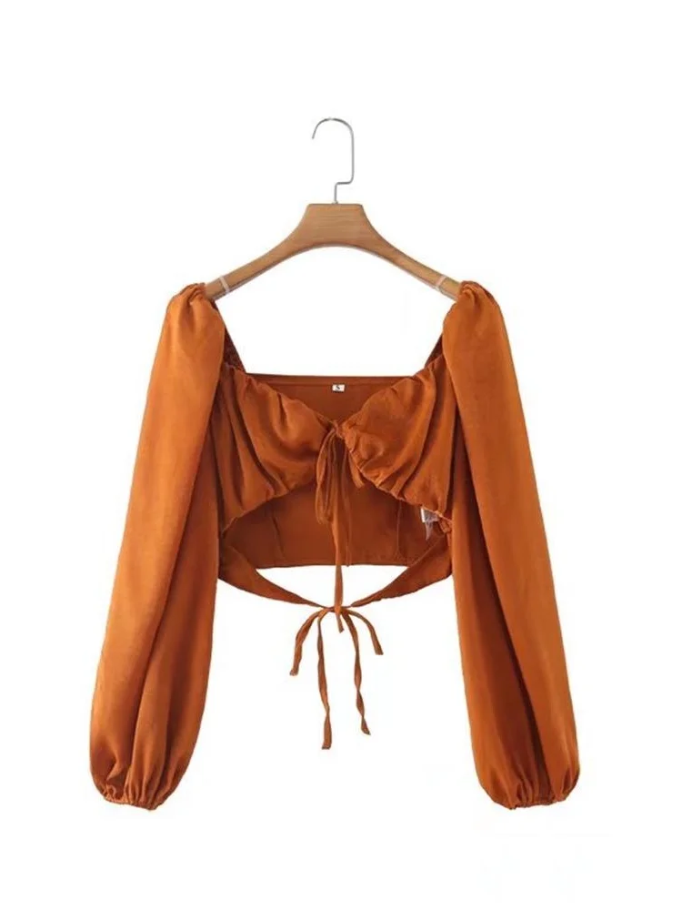 

TRAF Women 2022 Fashion Solid Color Fitted Crop Blouses Vintage Long Sleeve Tied tether Lantern Sleeve Female Shirts Blusas