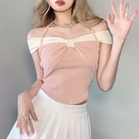 pink one shoulder bow simple fashion cute girls heart thin section breathable cool knit halter neck women crop top y2k top